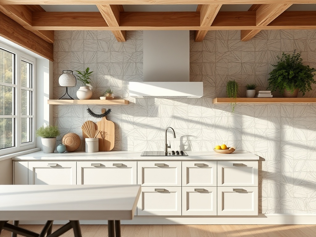 Современная кухня с белыми шкафами, деревянными полками и растениями на стенах, заполнена светом.