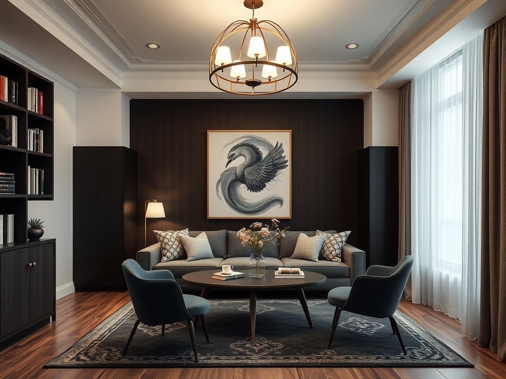 Современный интерьер гостиной с диваном, круглым столом и искусством на стене. Светлые занавески и книги на полках.