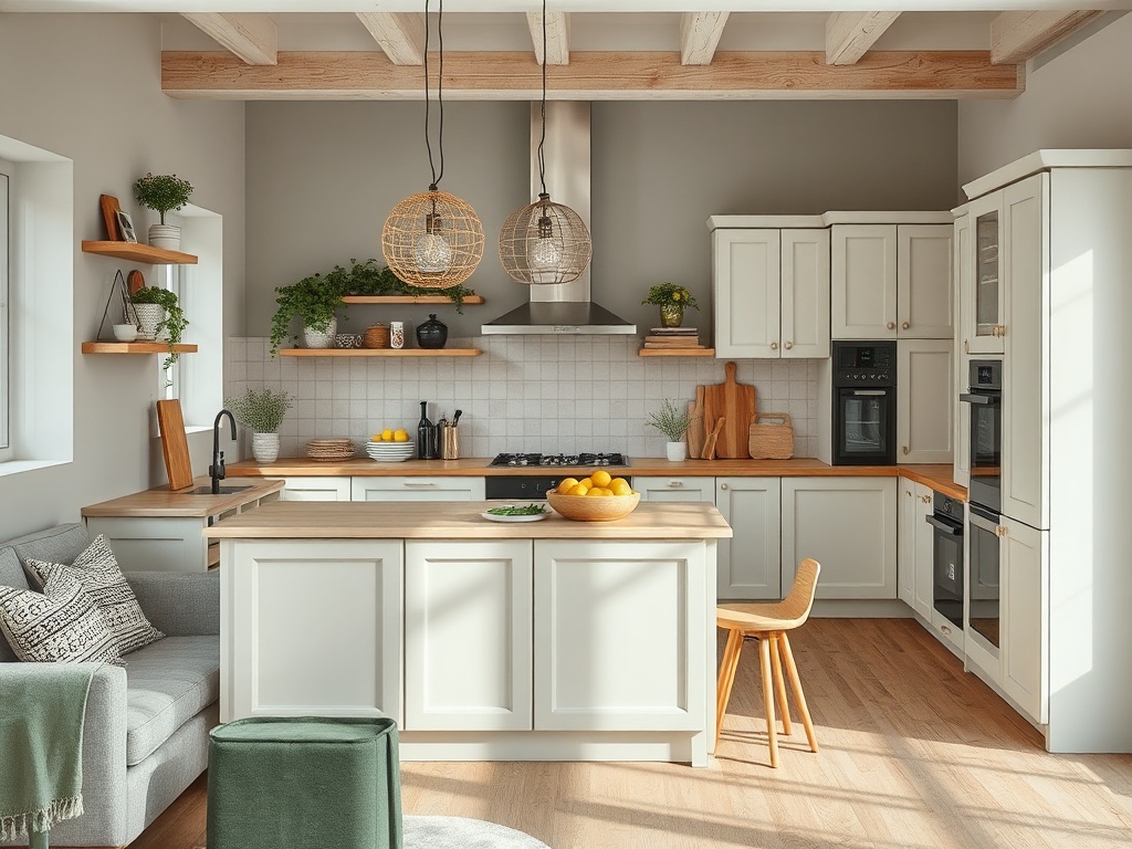 Светлая кухня с деревянными деталями, островом, множеством растений и уютной зоной отдыха.