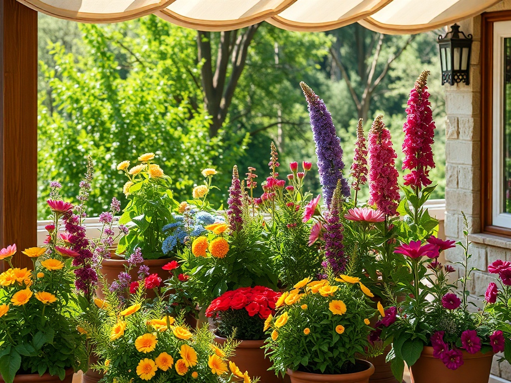 Цветы в горшках на балконе, яркие и разнообразные, фон зелени. Солнечный день, уютная атмосфера.