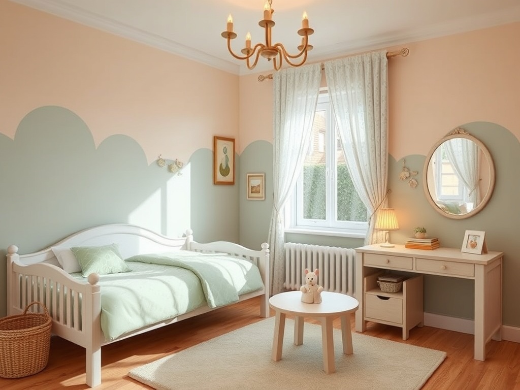 Уютная детская комната с одной кроватью, столом и мягким ковром, с пастельными тонами в интерьере.