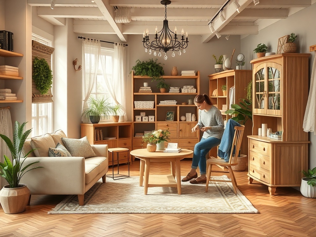 Современный светлый интерьер с деревянной мебелью, уютный диван и женщина, работающая за столом.