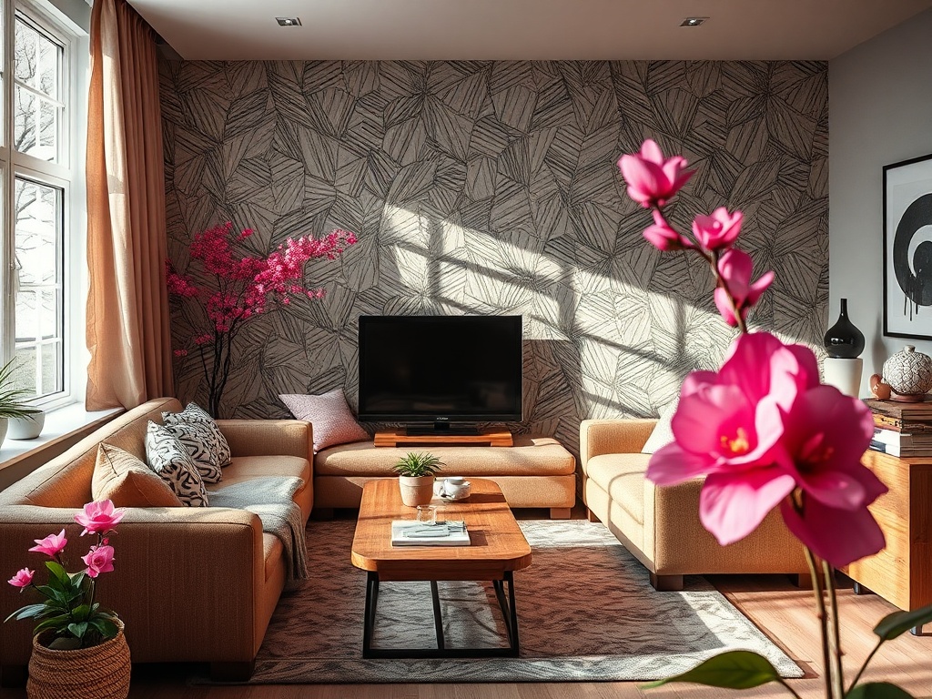 Современная гостиная с уютной мебелью, телевизором и цветами, создающими атмосферу комфорта и уюта.