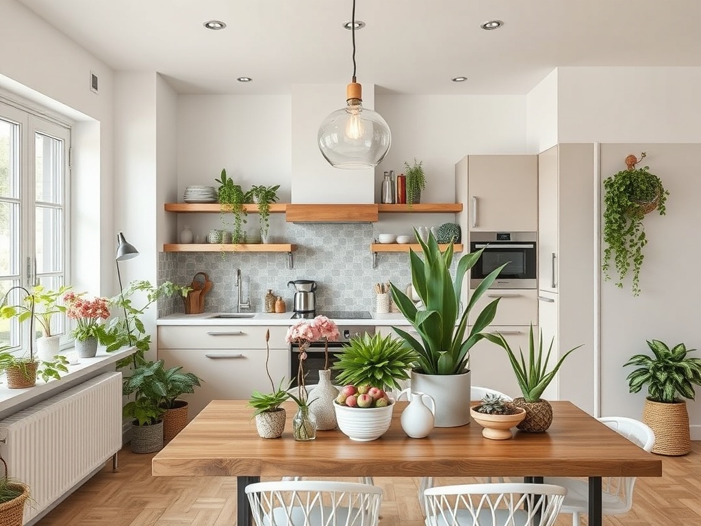 Современная кухня с растениями, деревянным столом и ярким освещением, создающая уютную атмосферу.