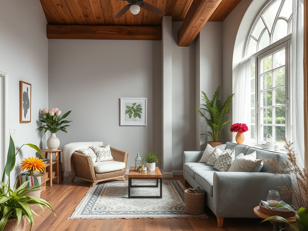 Уютная гостиная с мягкой мебелью, растениями и большими окнами, пропускающими свет. Деревянные потолки.